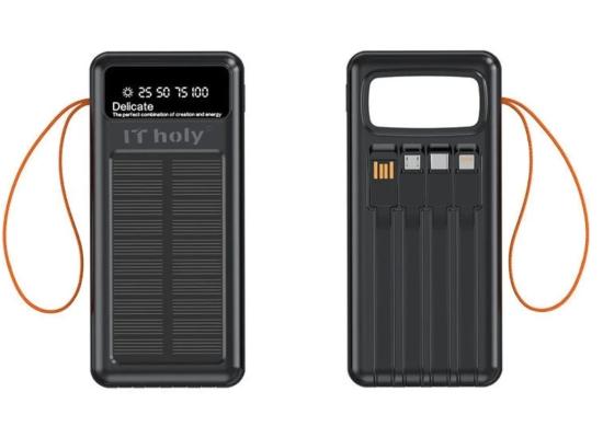 IT Holy B53 Solar Power Bank 50000mAh, 10W Charging | Solar Panel Portable Charger with 4 built-in cables | Digital Display LED Torch | Compatible with Smartphones Tablets - Black